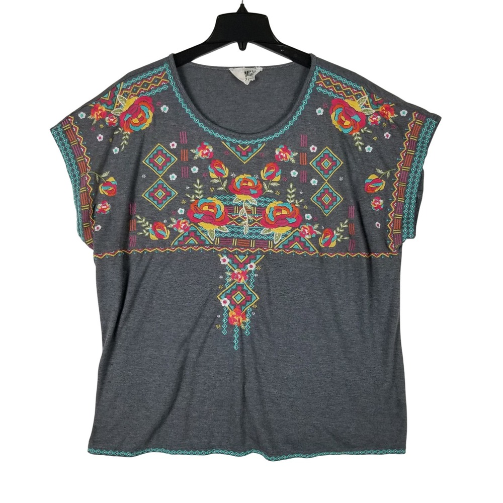 Savanna Jane Top Women 3X Grey Embroidered Floral Boho Short Sleeve P19052